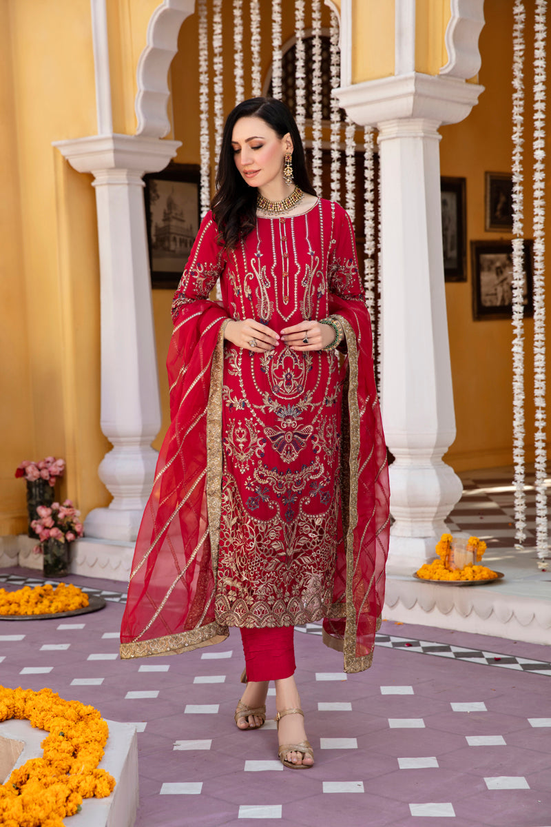 Khusiyan Wedding Edition Ladies Deep Red Designer 3 Piece Suit Desi Posh