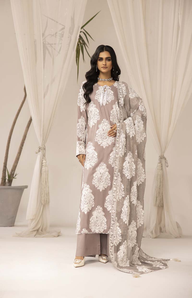 Jannat Beige Linen Embroidered 3 Piece Suit With Chiffon Dupatta - Desi Posh