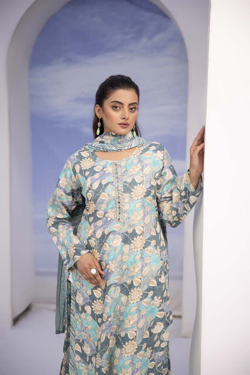 Ajrak Luxe 3 Piece Summer Cotton Lawn Outfit Light Green Desi Posh Ajrak Luxe 3 Piece Summer Cotton Lawn Outfit Light Green Desi Posh