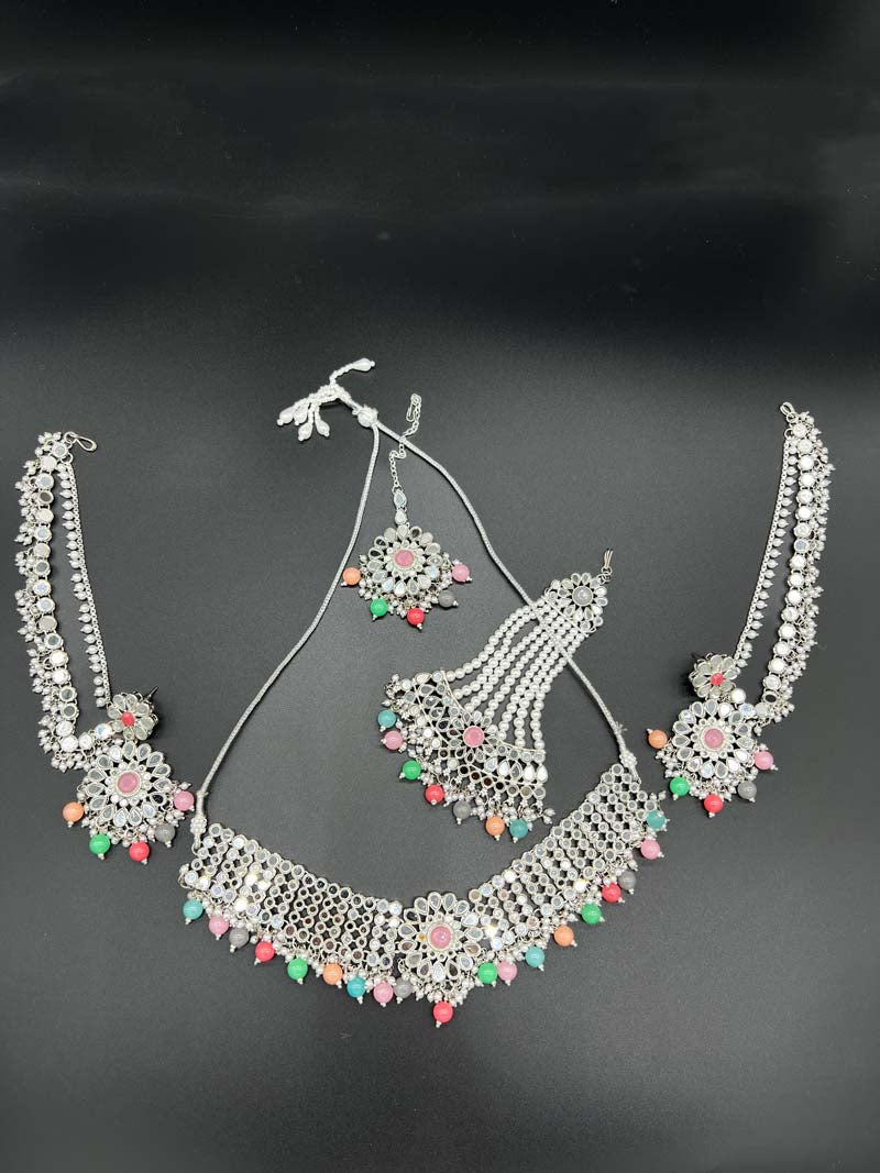 Mirror Haar Necklace 5 Piece set with Tikka, Chumbar and Earrings Multi 838 - Desi Posh