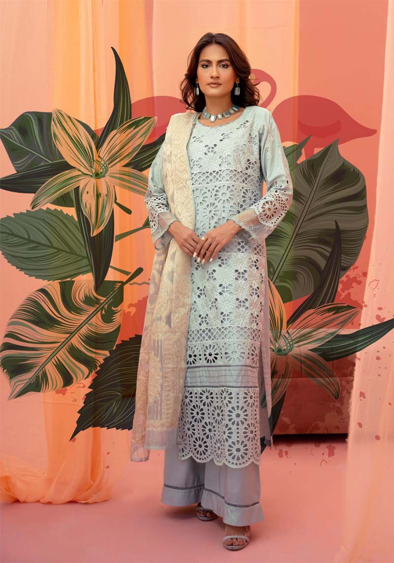 Dania Chikan Kari Luxe 3 Piece Linen Palazzo Outfit Mint Blue - Desi Posh