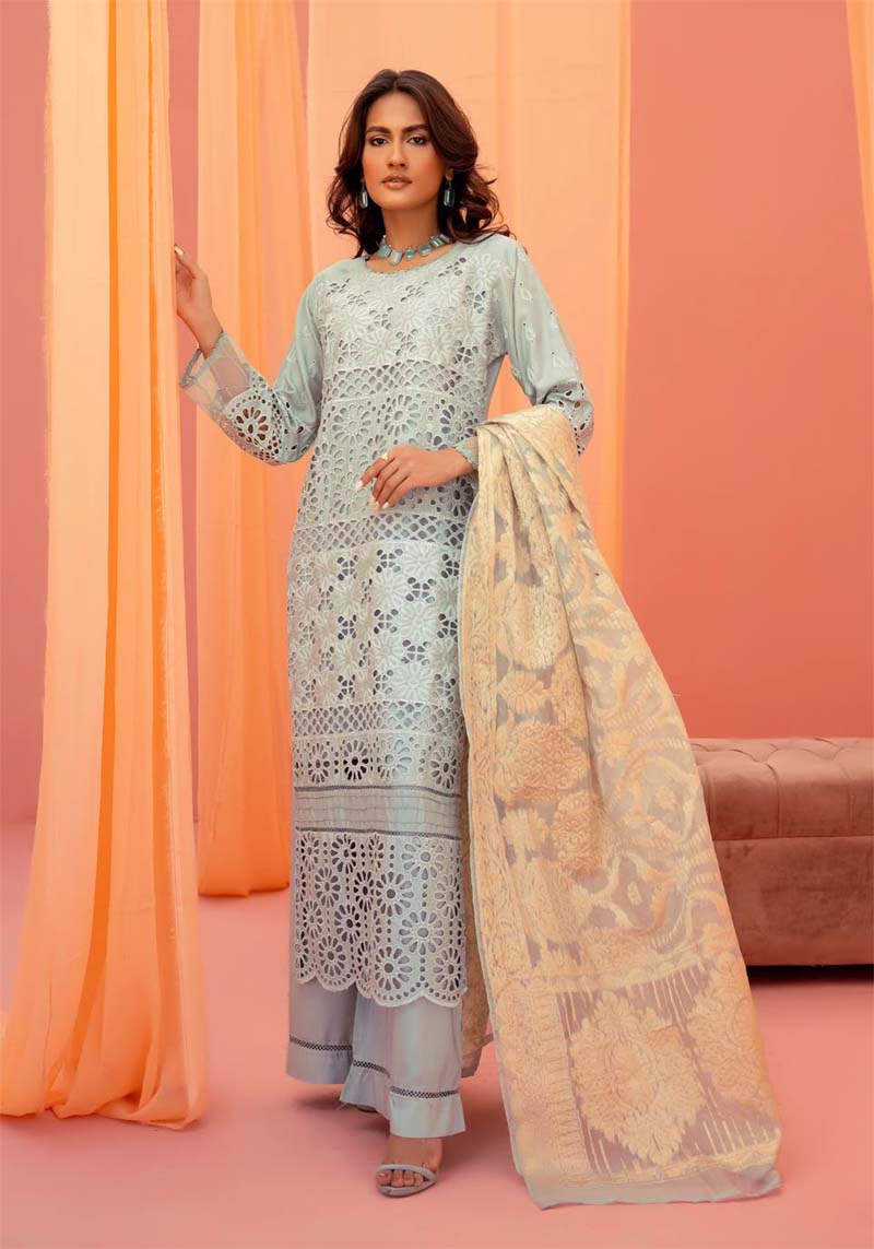 Dania Chikan Kari Luxe 3 Piece Linen Palazzo Outfit Mint Blue - Desi Posh