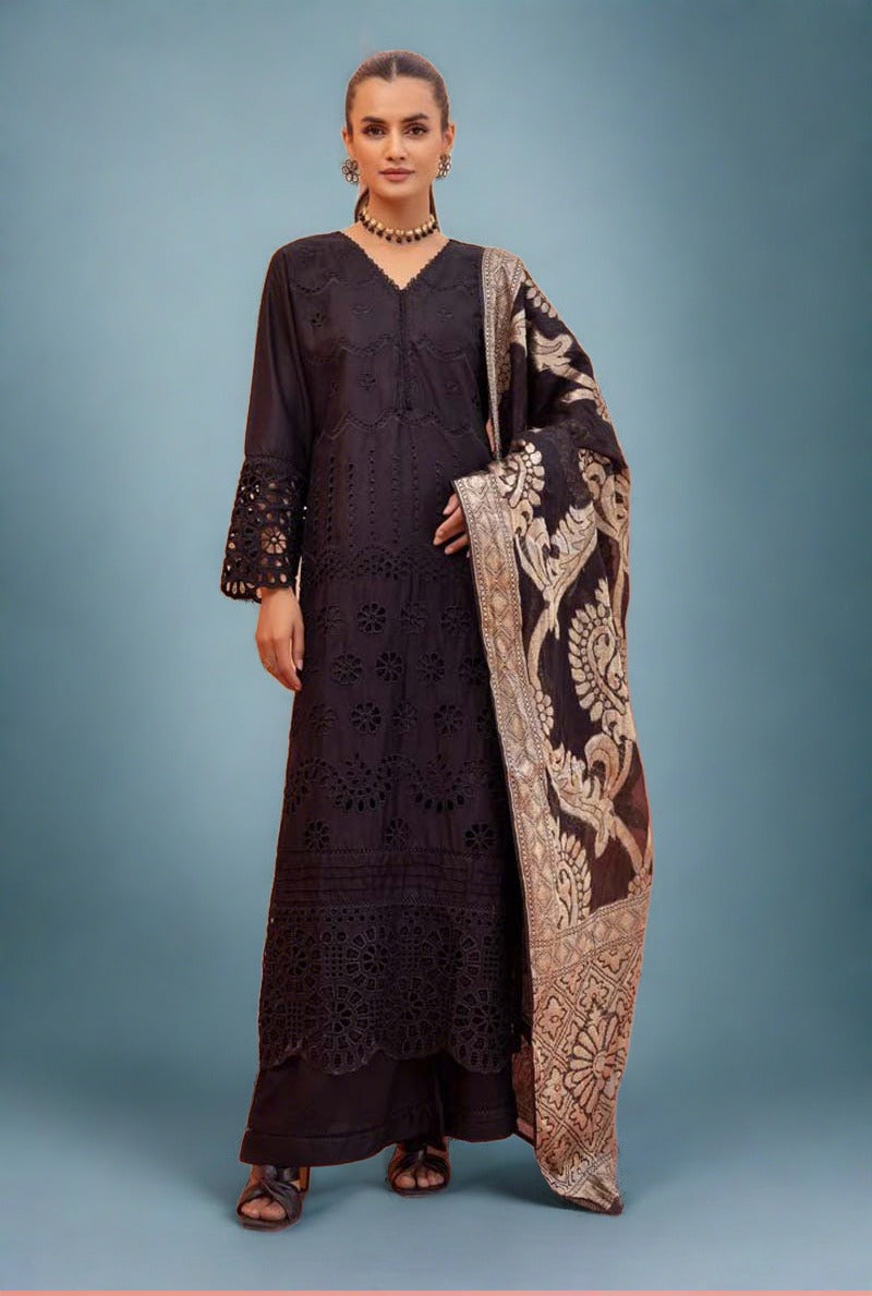 Dania Chikan Kari Luxe 3 Piece Linen Palazzo Outfit Black - Desi Posh