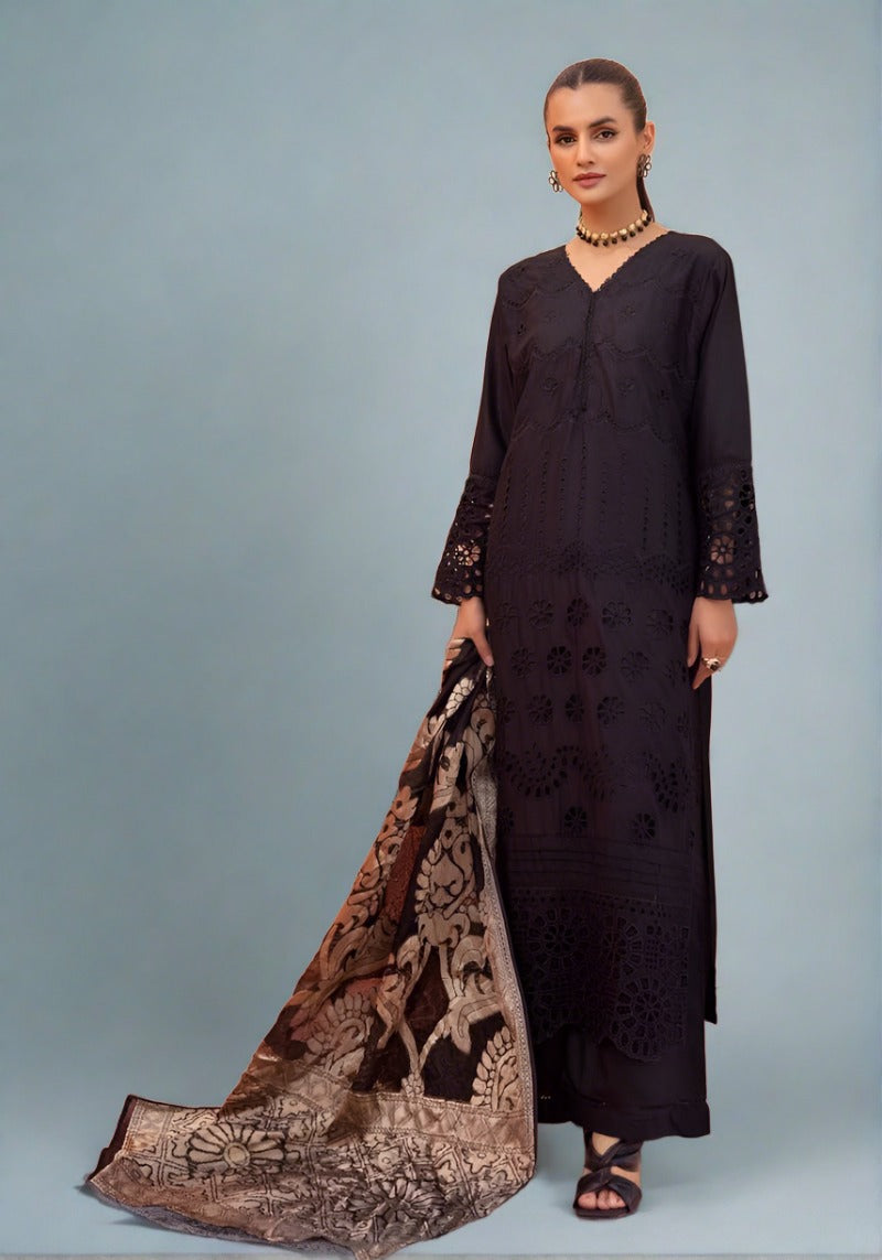 Dania Chikan Kari Luxe 3 Piece Linen Palazzo Outfit Black - Desi Posh