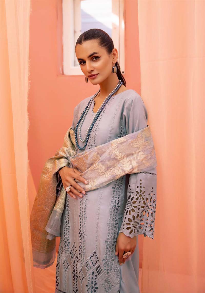 Dania Chikan Kari Luxe 3 Piece Linen Palazzo Outfit Grey - Desi Posh
