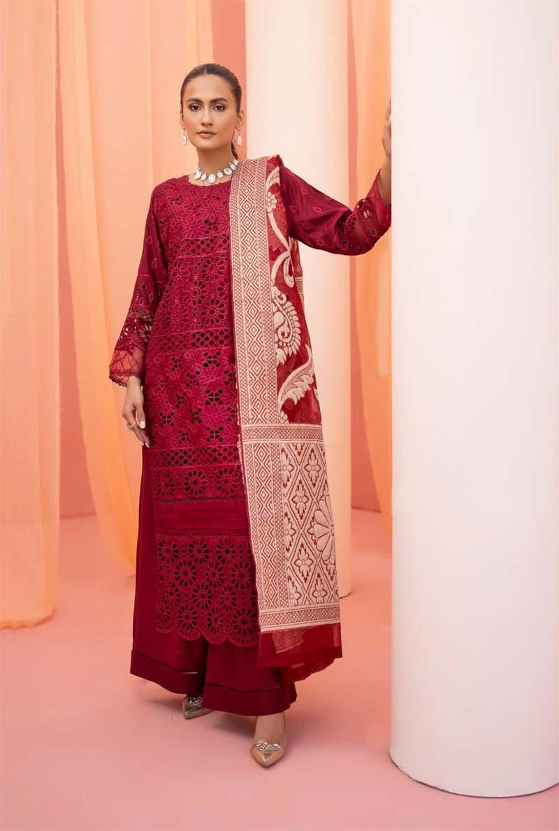 Dania Chikan Kari Luxe 3 Piece Linen Palazzo Outfit Red - Desi Posh