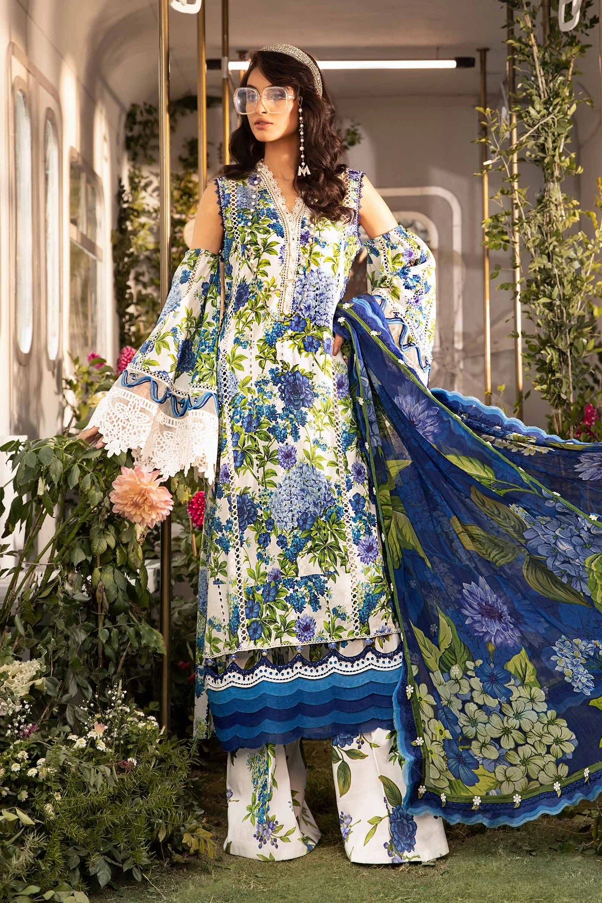 Maria B Inspired Embroidered 3 Piece Outfit With Silk Dupatta MPT-2102-B - Desi Posh