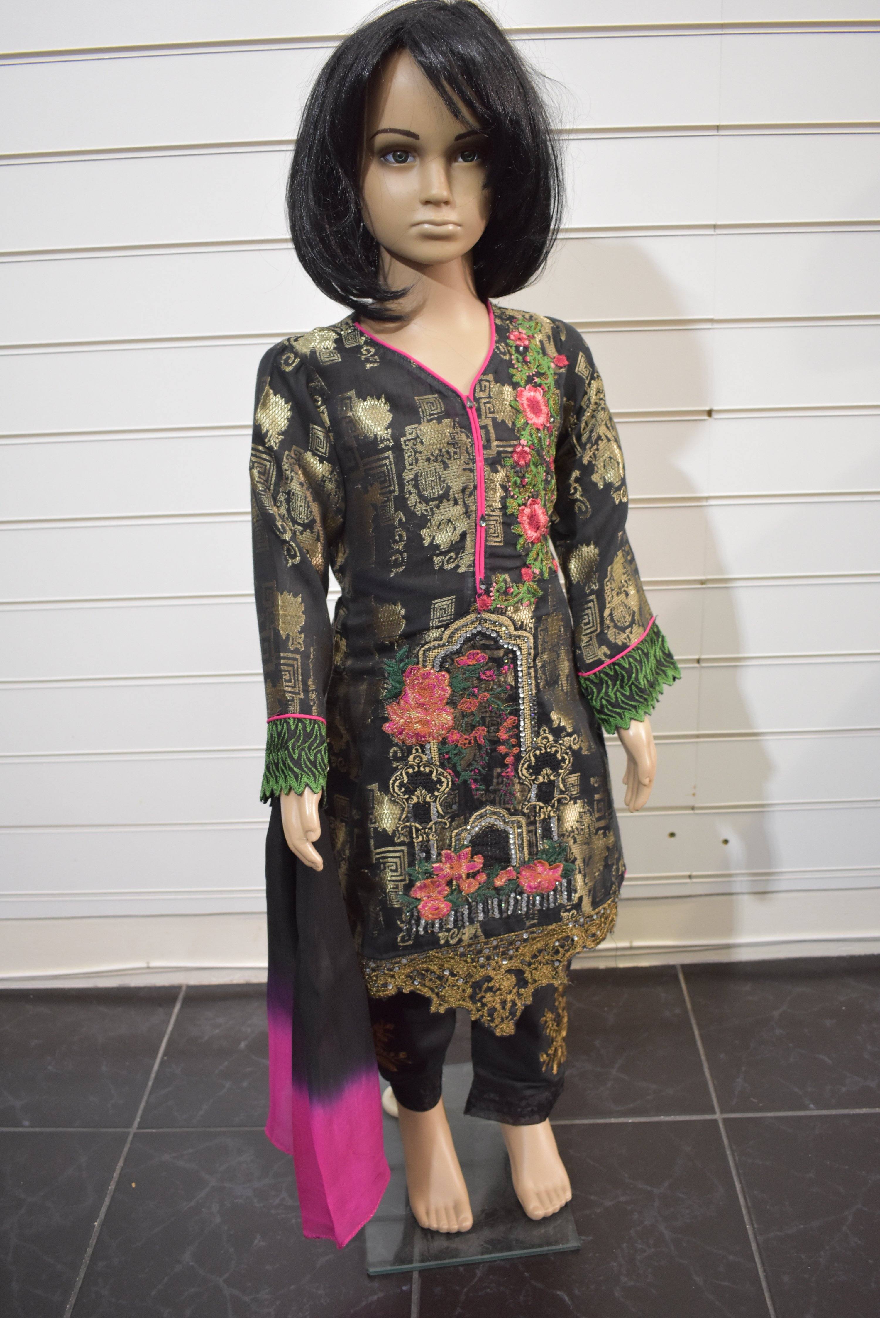 Agha Noor inspired 3 piece kids Jacquard outfit with Embroidered Capri Trousers - Desi Posh