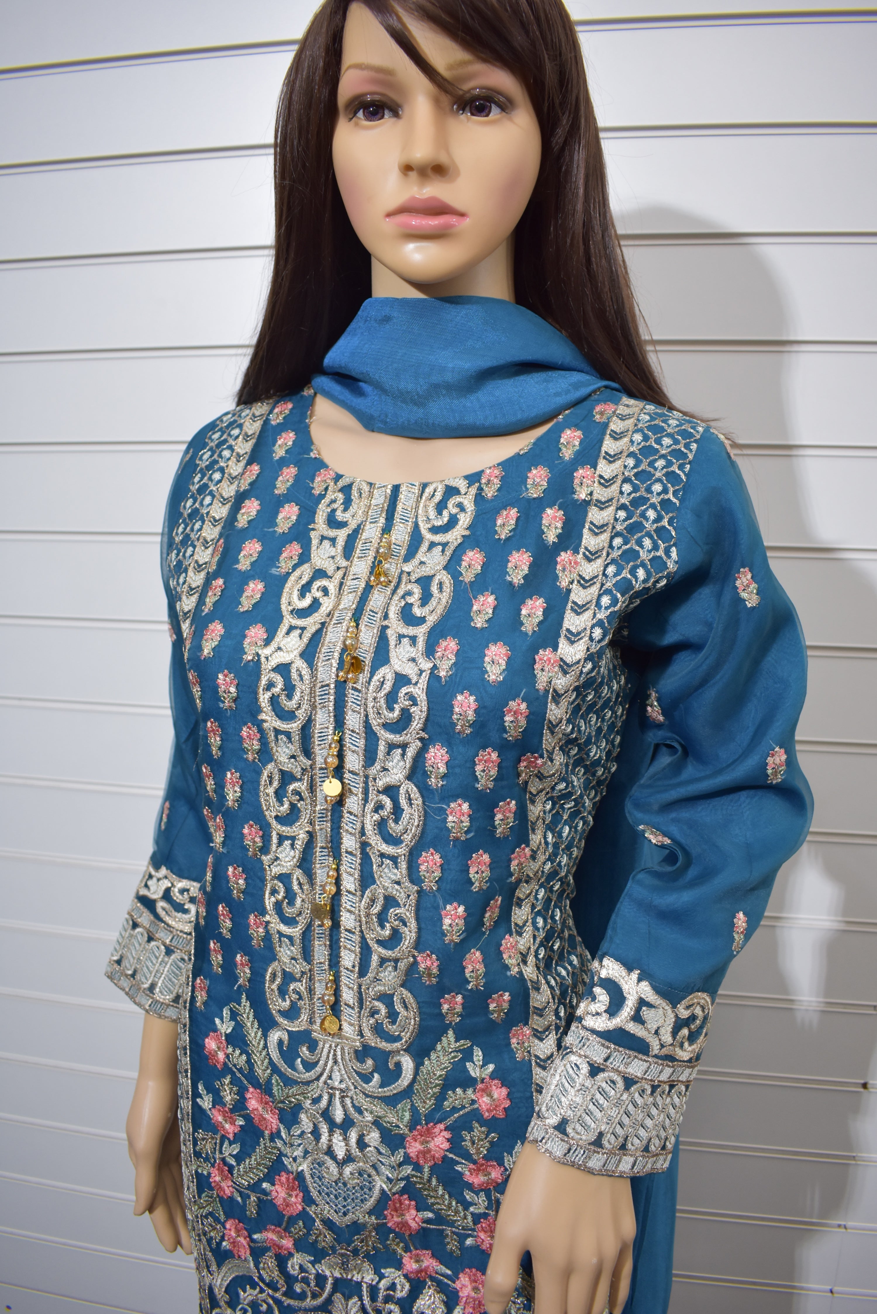 Agha Noor inspired Organza Teal Pakistani Outfit Desi Posh