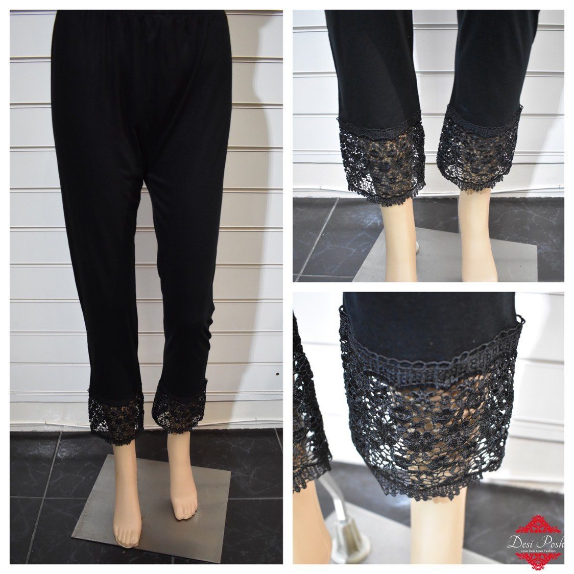 Jersey Lace Detailed Leggings Trousers Black - Desi Posh