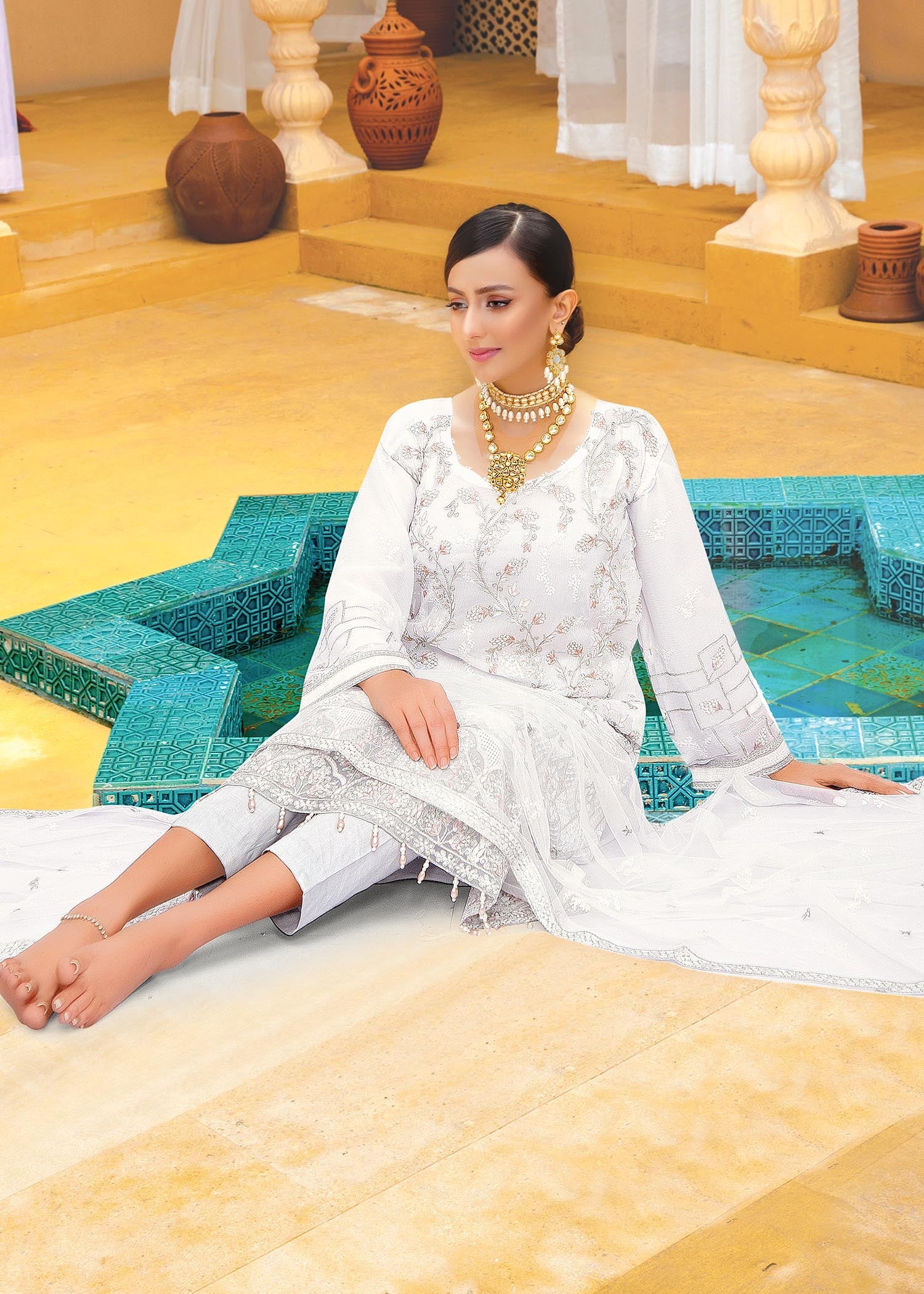 MAH-E-ROOH 3 Piece Chiffon White Eid Outfit 3705 - Desi Posh