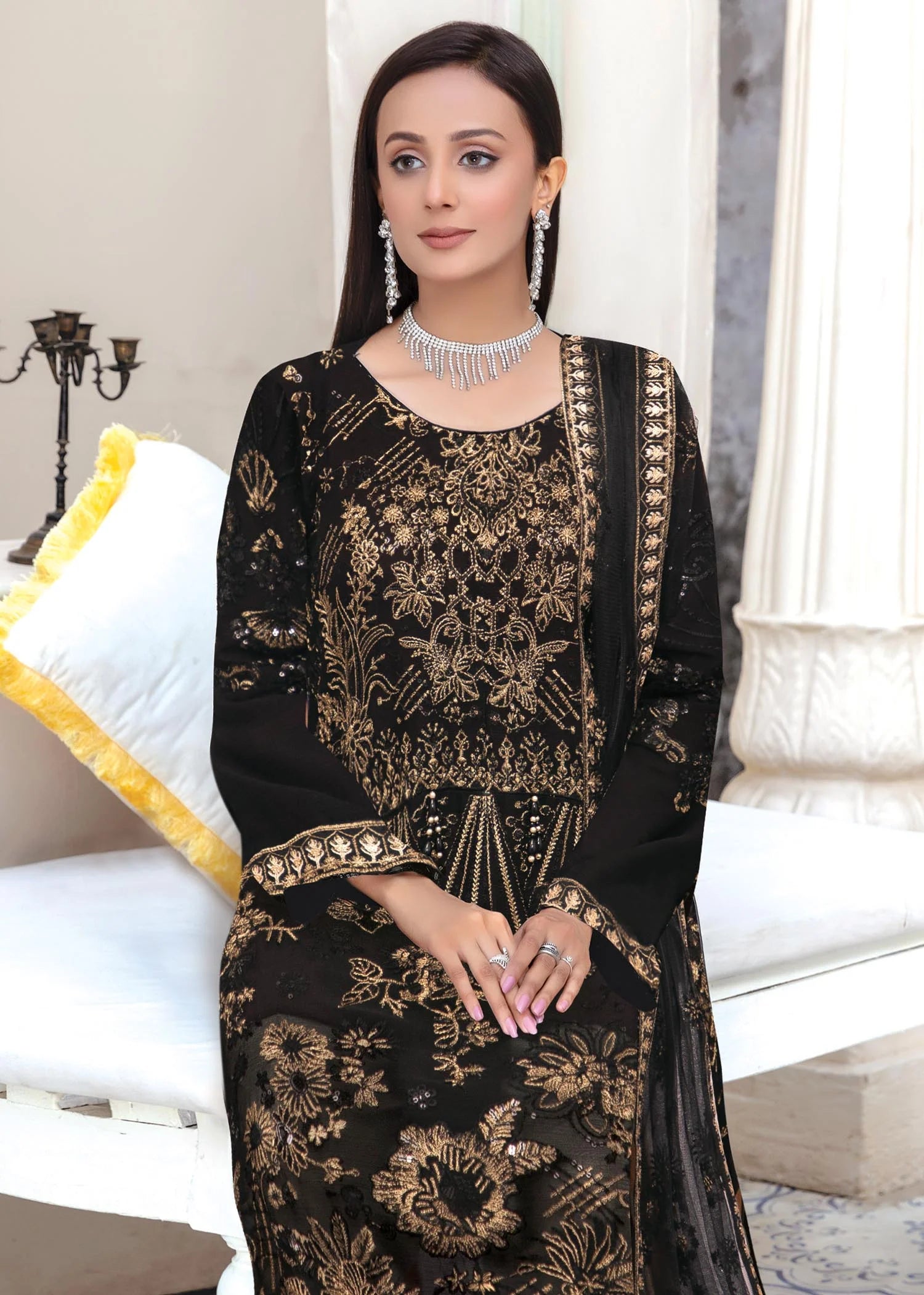 MAH-E-ROOH 3 Piece Chiffon Black Eid Outfit 3701 - Desi Posh