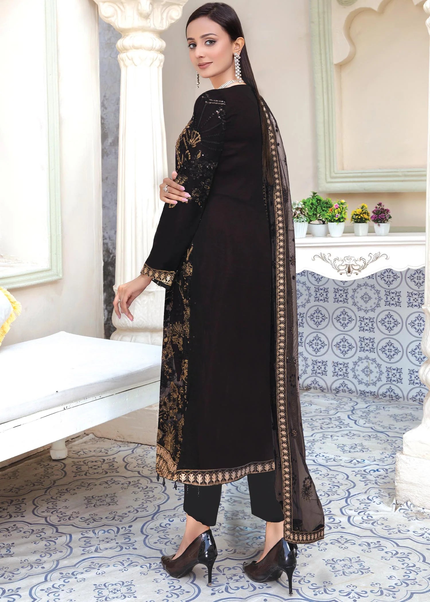 MAH-E-ROOH 3 Piece Chiffon Black Eid Outfit 3701 - Desi Posh