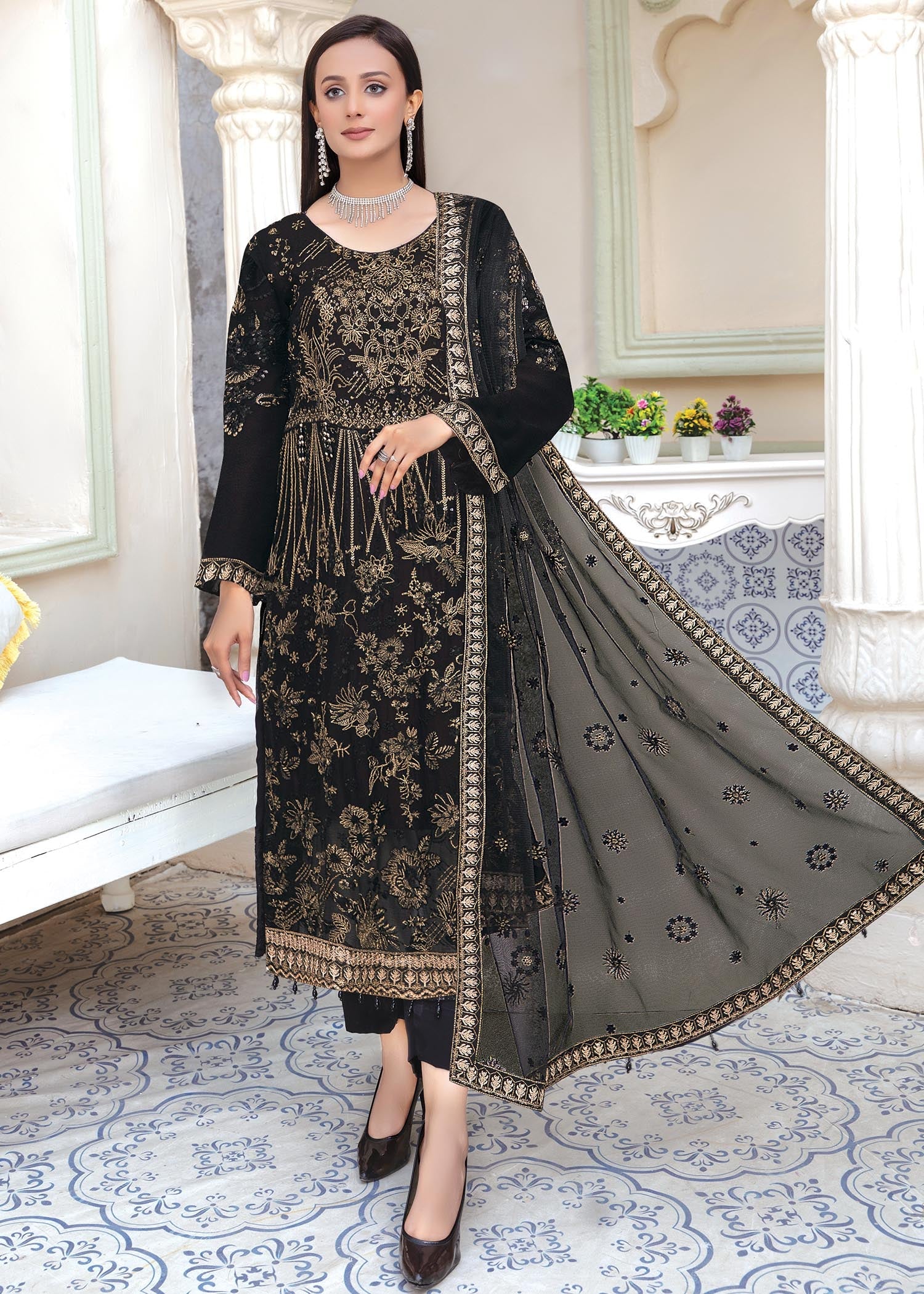 MAH-E-ROOH 3 Piece Chiffon Black Eid Outfit 3701 - Desi Posh