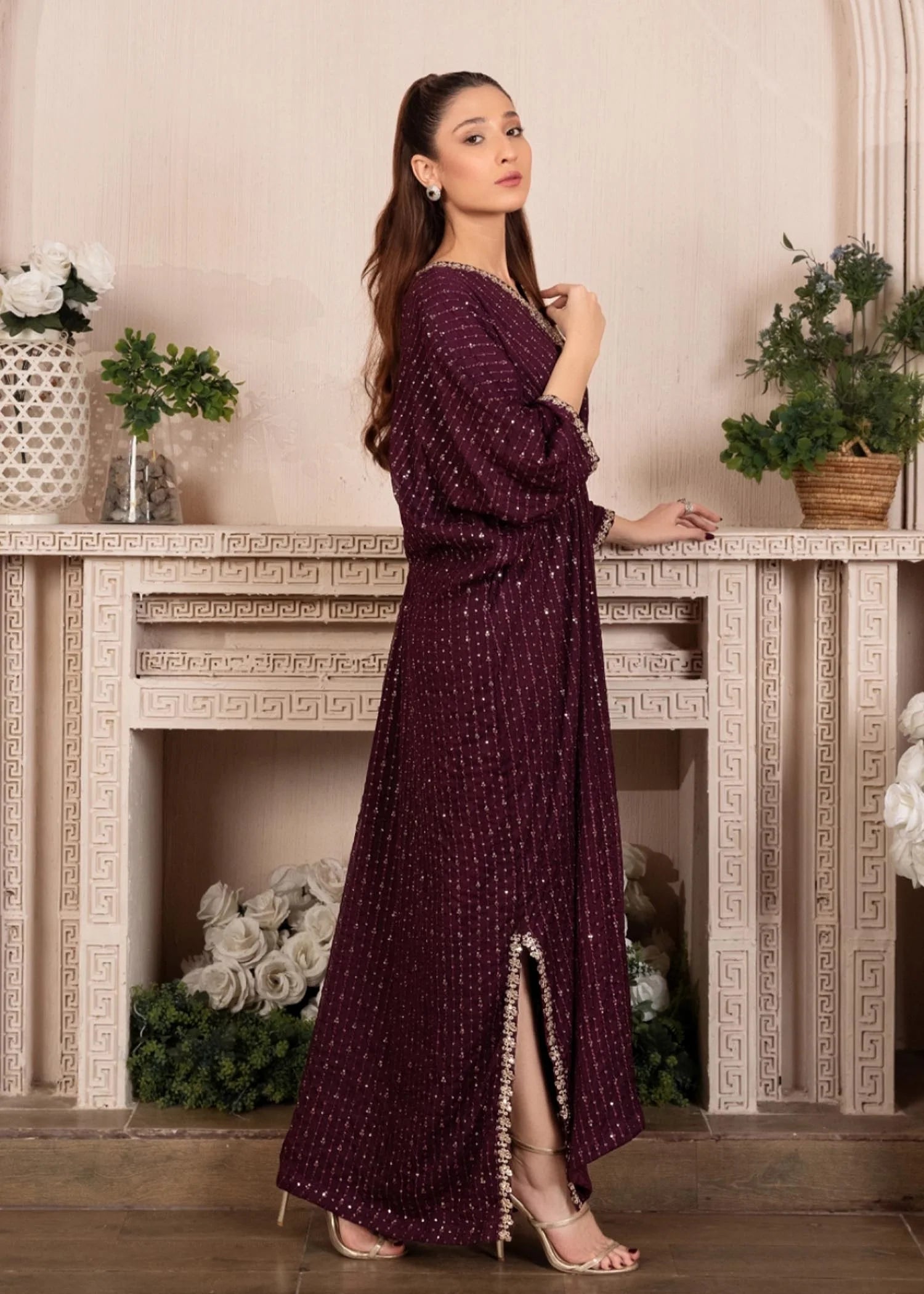 Stunning Georgette Wedding Kaftan Plum - Desi Posh