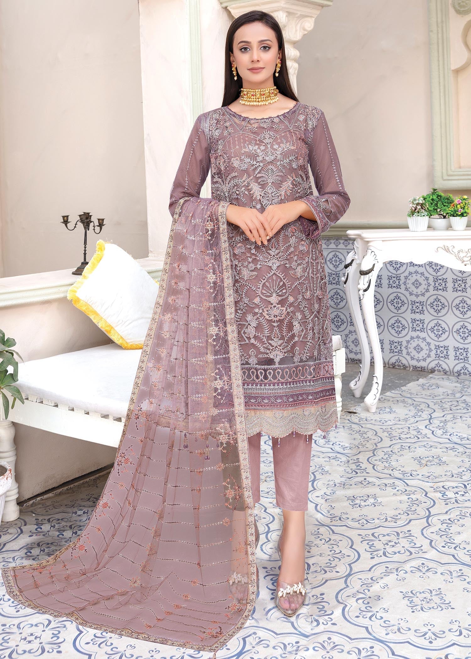 MAH-E-ROOH 3 Piece Chiffon Dusty Pink Eid Outfit 3706 - Desi Posh