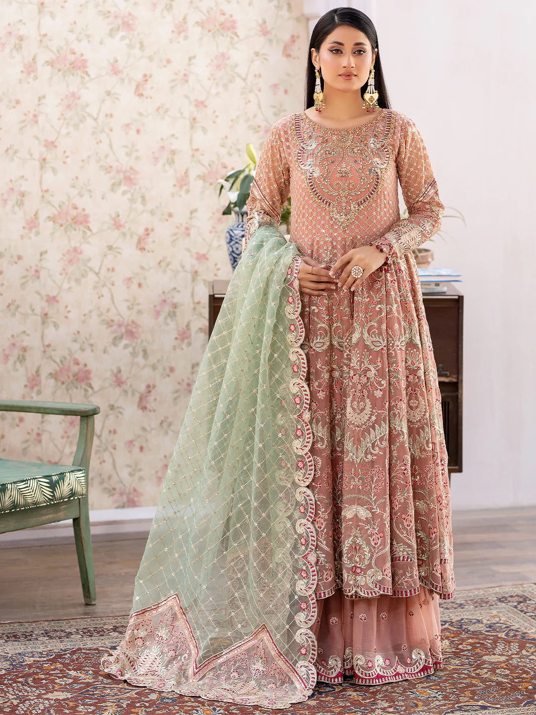 Shah Jahan Embroidered 3 Piece Wedding Gharara Outfit SJ24011 Pink - Desi Posh
