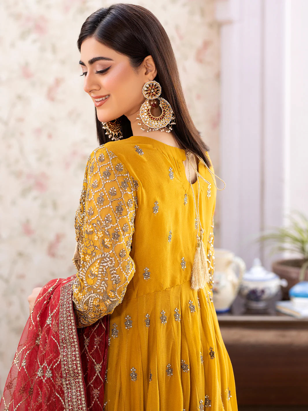 Shah Jahan Angrakha Embroidered 3 Piece Wedding Outfit SJ24012 Mustard - Desi Posh