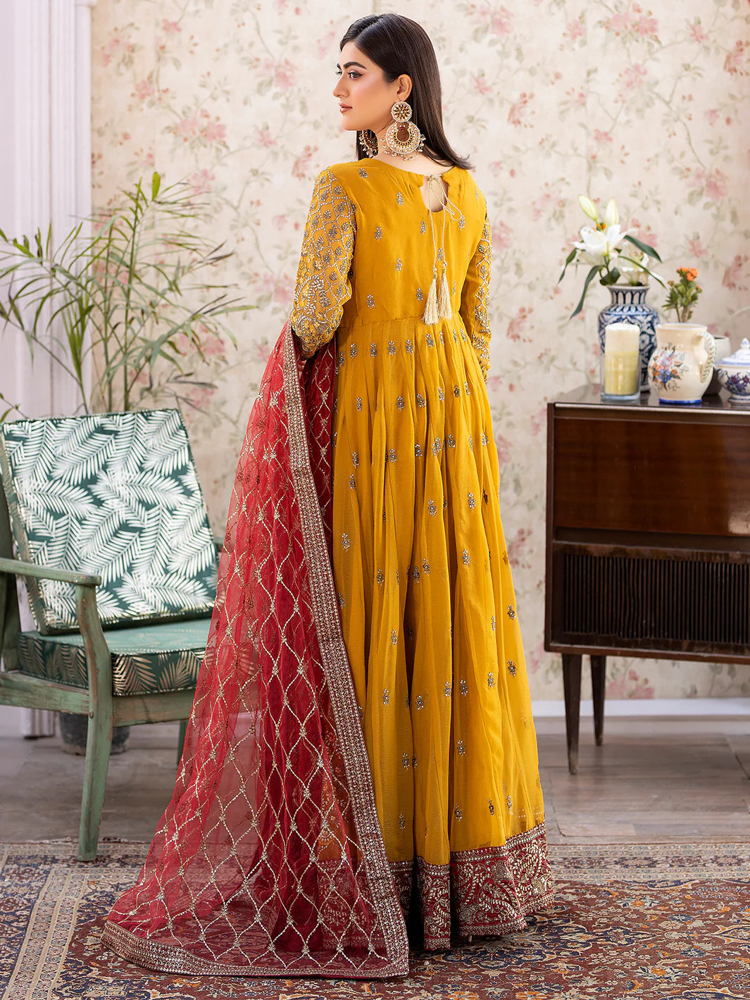 Shah Jahan Angrakha Embroidered 3 Piece Wedding Outfit SJ24012 Mustard - Desi Posh