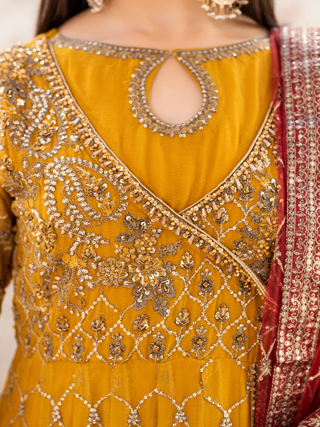 Shah Jahan Angrakha Embroidered 3 Piece Wedding Outfit SJ24012 Mustard - Desi Posh