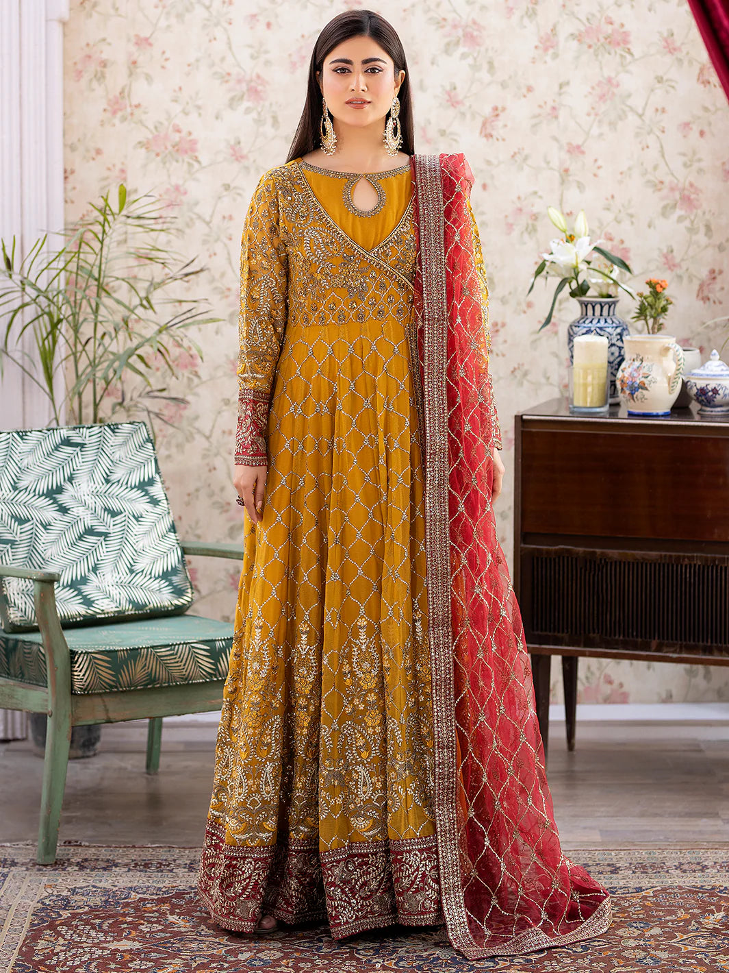 Shah Jahan Angrakha Embroidered 3 Piece Wedding Outfit SJ24012 Mustard - Desi Posh