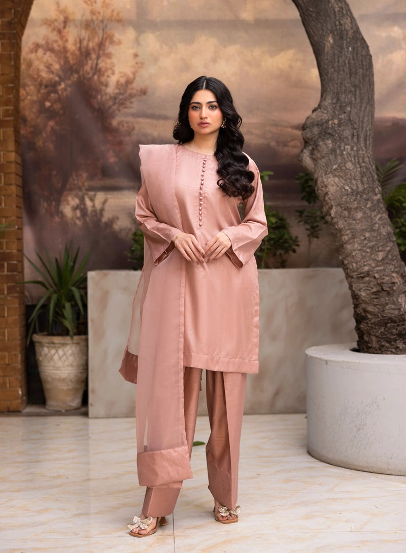 Firdous Eid Raw Silk Light Pink Suit With Farshi Salwar and Net Dupatta - Desi Posh