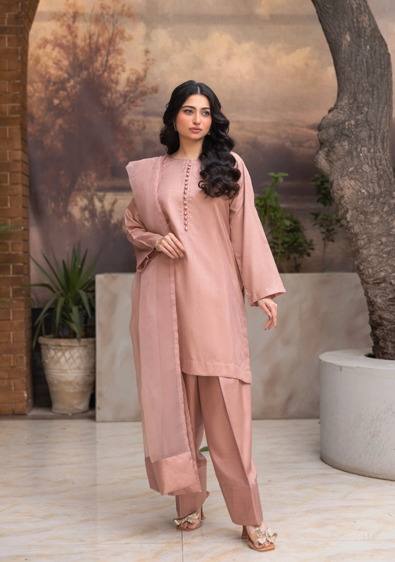 Firdous Eid Raw Silk Light Pink Suit With Farshi Salwar and Net Dupatta - Desi Posh
