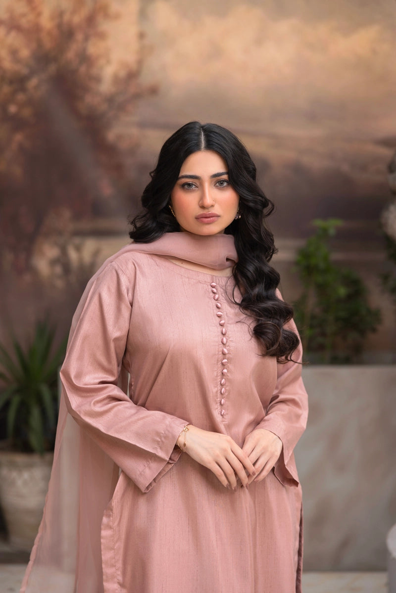 Firdous Eid Raw Silk Light Pink Suit With Farshi Salwar and Net Dupatta - Desi Posh