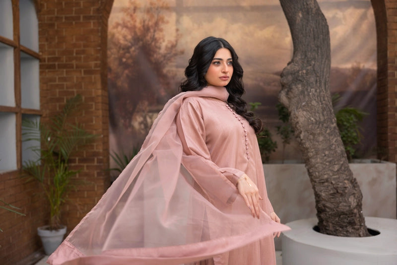 Firdous Eid Raw Silk Light Pink Suit With Farshi Salwar and Net Dupatta - Desi Posh