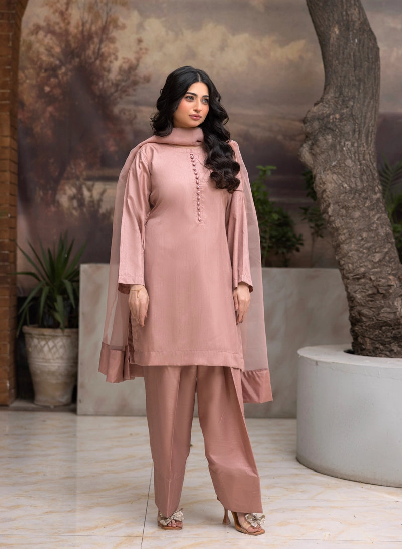 Firdous Eid Raw Silk Light Pink Suit With Farshi Salwar and Net Dupatta - Desi Posh