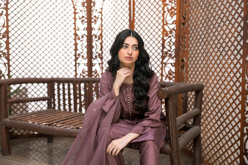 Firdous Eid Raw Silk Purple Suit With Farshi Salwar and Net Dupatta