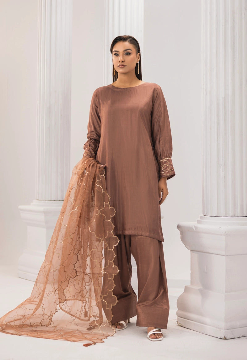 Firdous Eid Silk Pakistani Suit With Farshi Salwar and Embroidered Net Dupatta Brown - Desi Posh