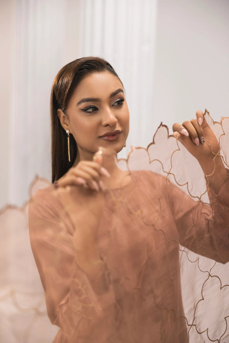 Firdous Eid Silk Pakistani Suit With Farshi Salwar and Embroidered Net Dupatta Brown - Desi Posh