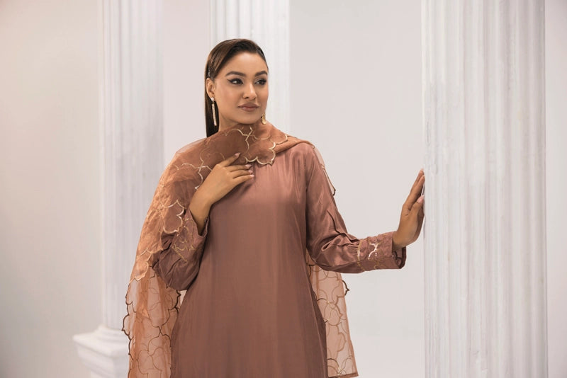 Firdous Eid Silk Pakistani Suit With Farshi Salwar and Embroidered Net Dupatta Brown - Desi Posh