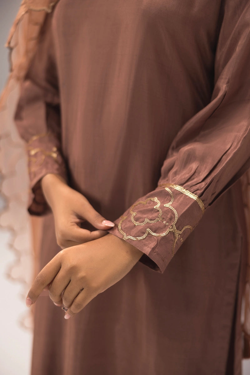 Firdous Eid Silk Pakistani Suit With Farshi Salwar and Embroidered Net Dupatta Brown - Desi Posh