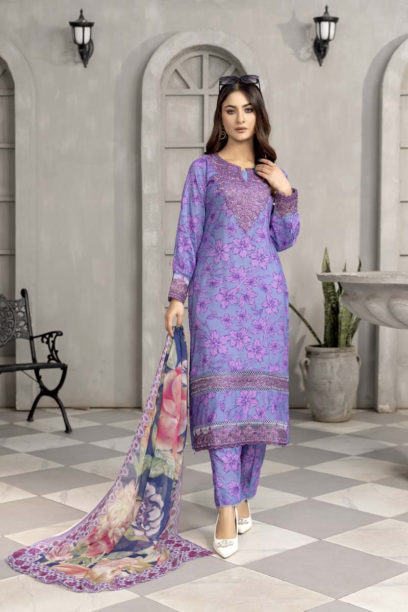 Nisa Linen Embroidered Eid 3 Piece Suit With Chiffon Dupatta MC03 - Desi Posh
