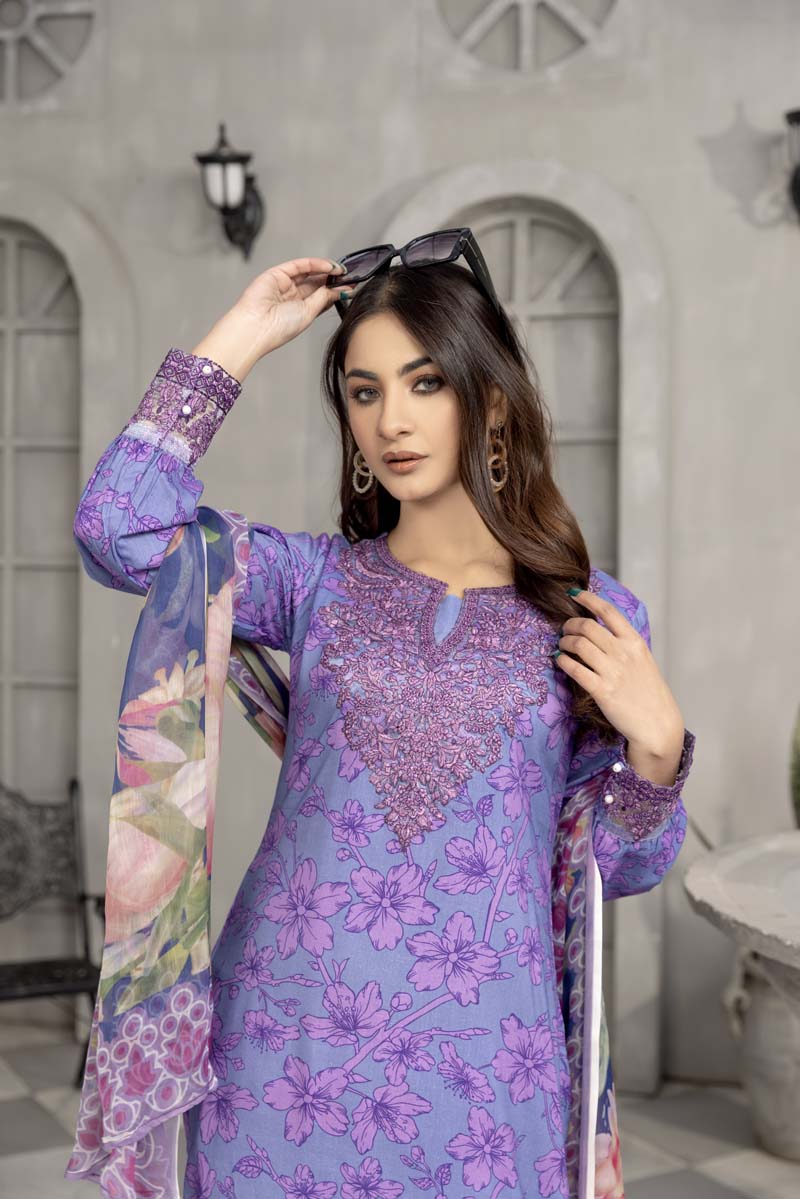 Nisa Linen Embroidered Eid 3 Piece Suit With Chiffon Dupatta MC03 - Desi Posh