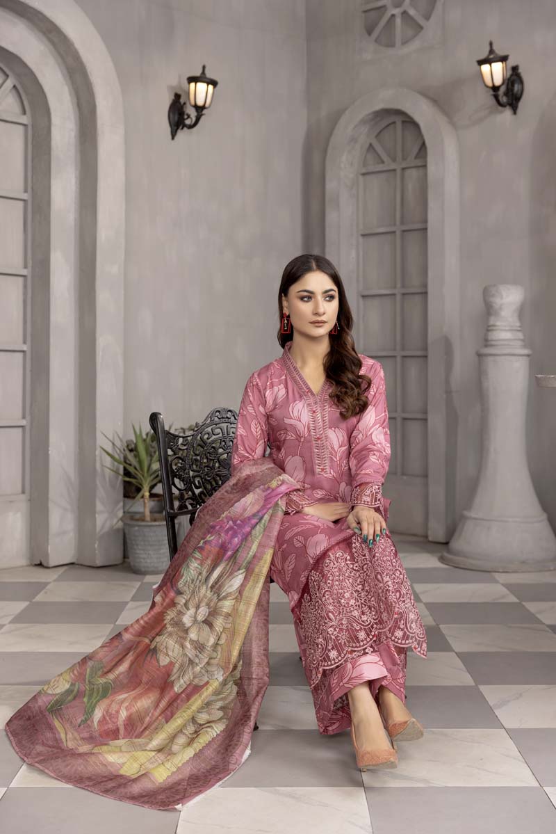 Nisa Linen Embroidered Eid 3 Piece Suit With Chiffon Dupatta MC01 - Desi Posh