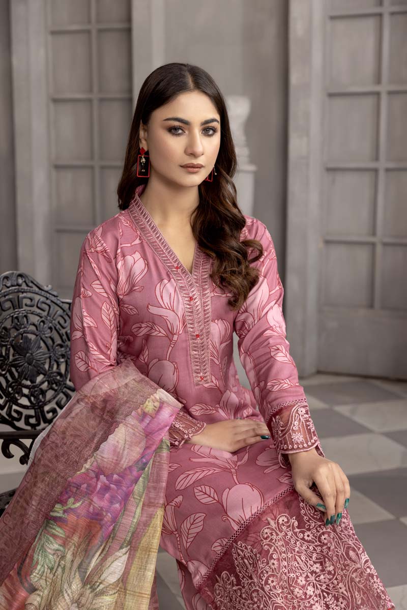 Nisa Linen Embroidered Eid 3 Piece Suit With Chiffon Dupatta MC01 - Desi Posh