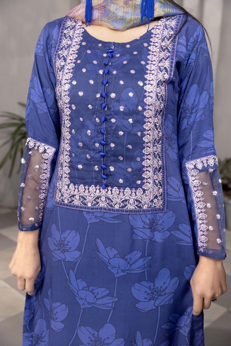 Nisa Linen Embroidered Eid 3 Piece Suit With Chiffon Dupatta MC05 - Desi Posh