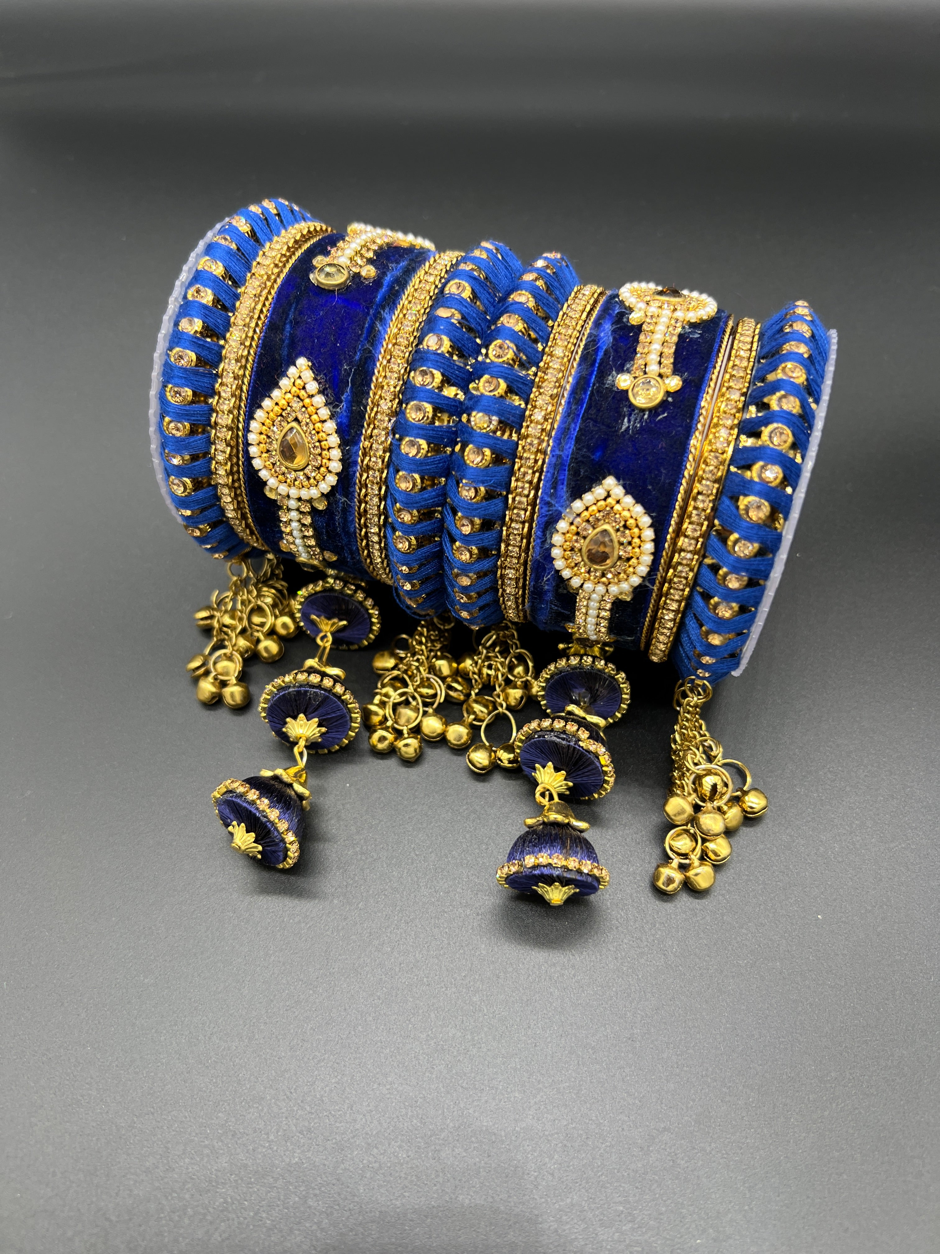 Navy Blue Thread and Gold Stone Work Bangles - Desi Posh