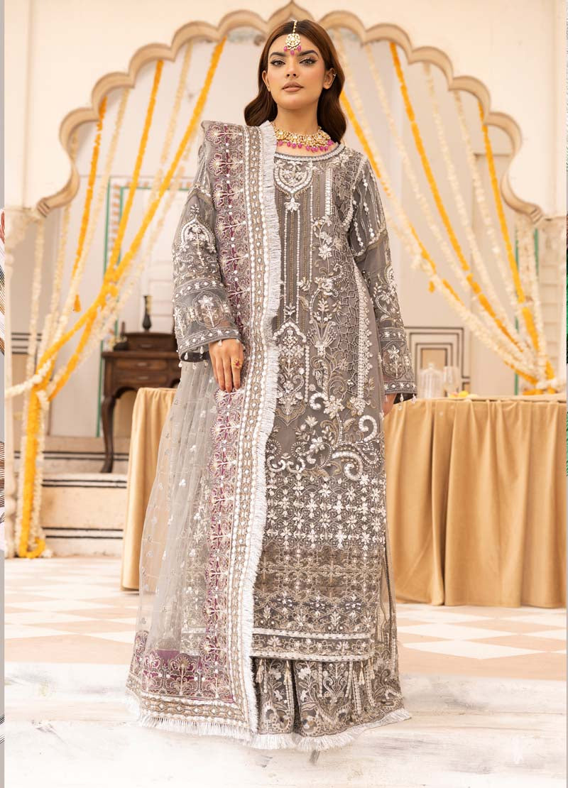 Imrozia Premium Inspired Embroidered Grey 3 Piece Wedding Sharara Outfit - Desi Posh