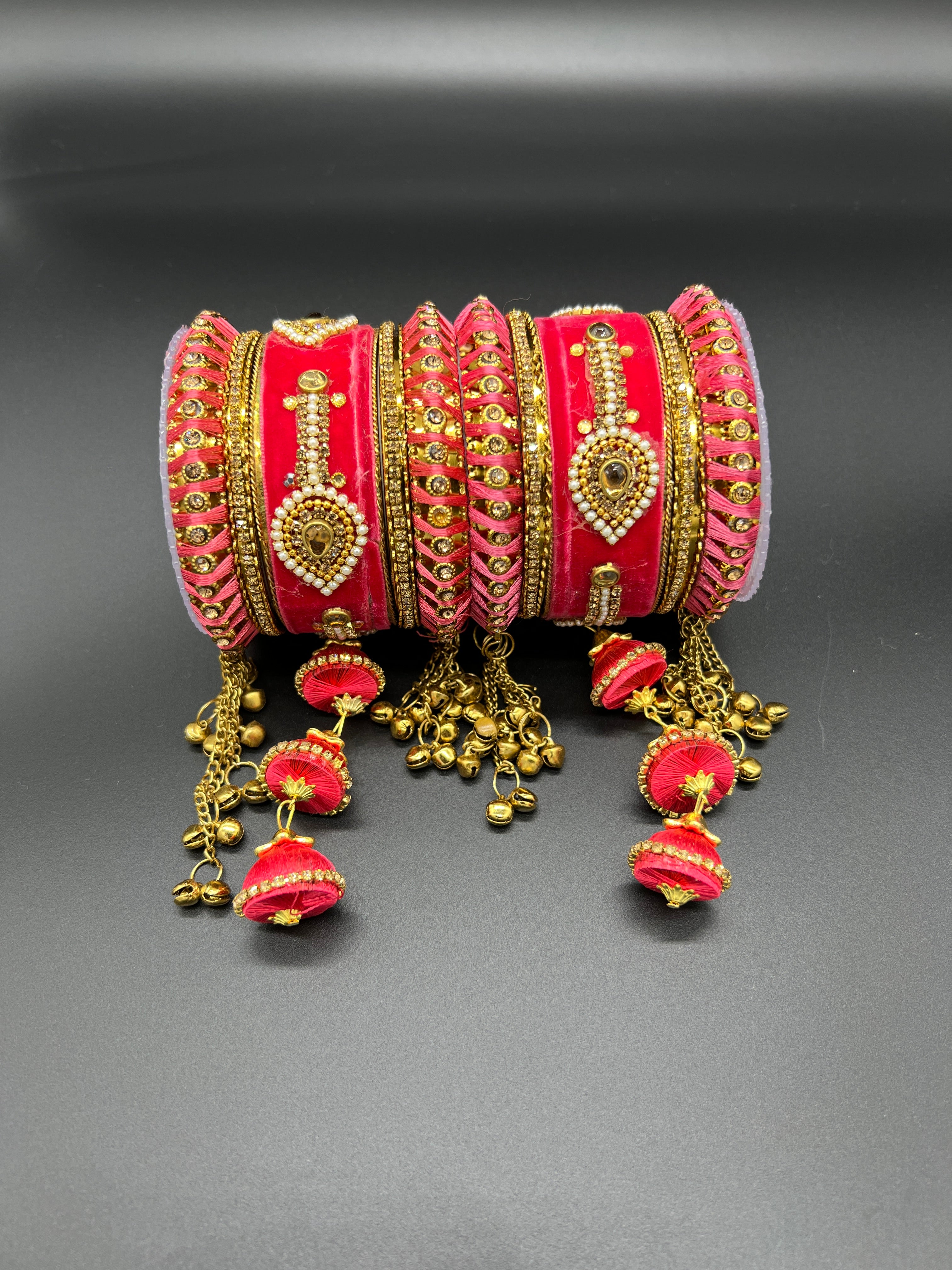 Pink Thread and Gold Stone Work Bangles - Desi Posh
