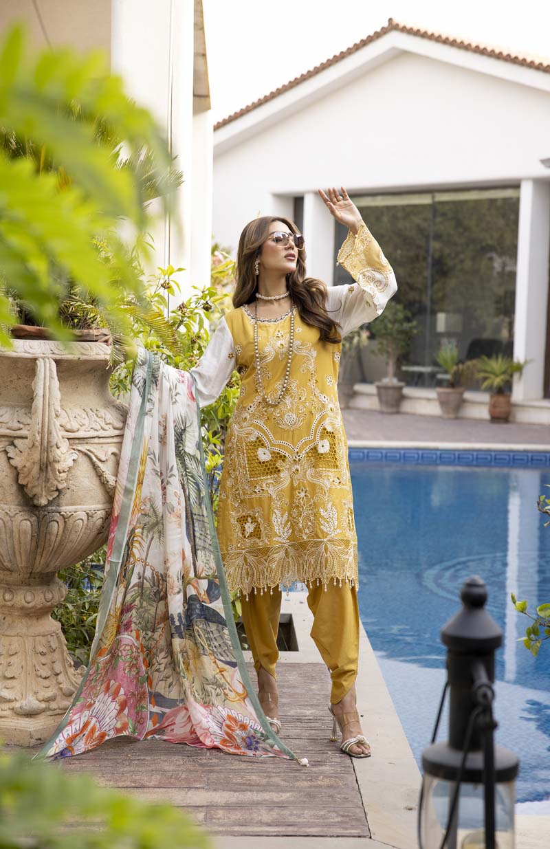 Ivana Luxury Mustard Chikan Kari Tulip Salwar Eid Outfit SIG01 - Desi Posh