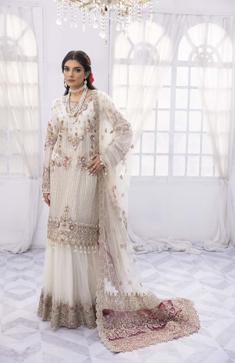 Imrozia Premium Inspired Embroidered 3 Piece White Wedding Gharara Outfit - Desi Posh