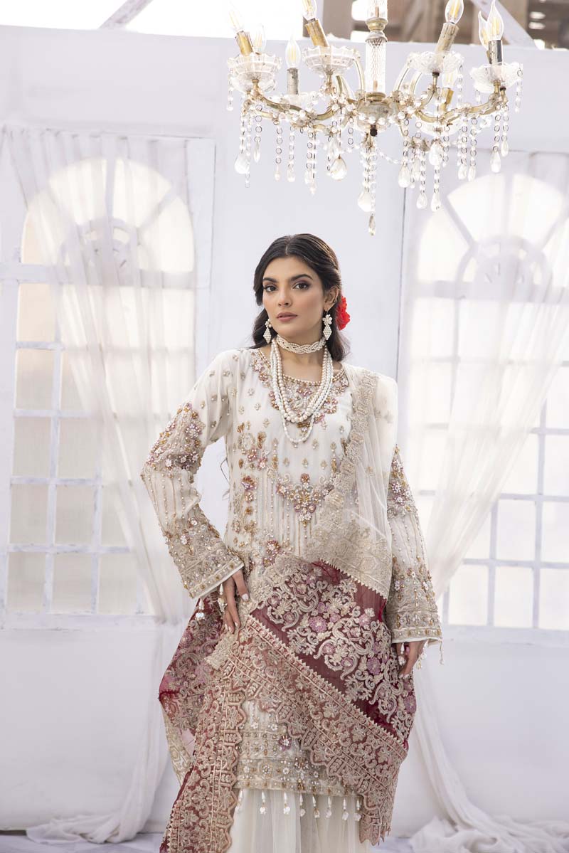 Imrozia Premium Inspired Embroidered 3 Piece White Wedding Gharara Outfit - Desi Posh