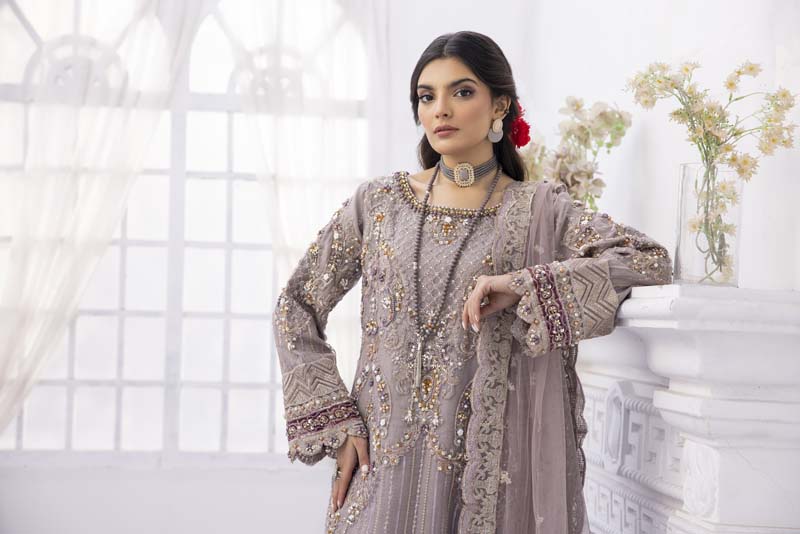 Imrozia Premium Inspired Embroidered 3 Piece Lilac Wedding Outfit - Desi Posh