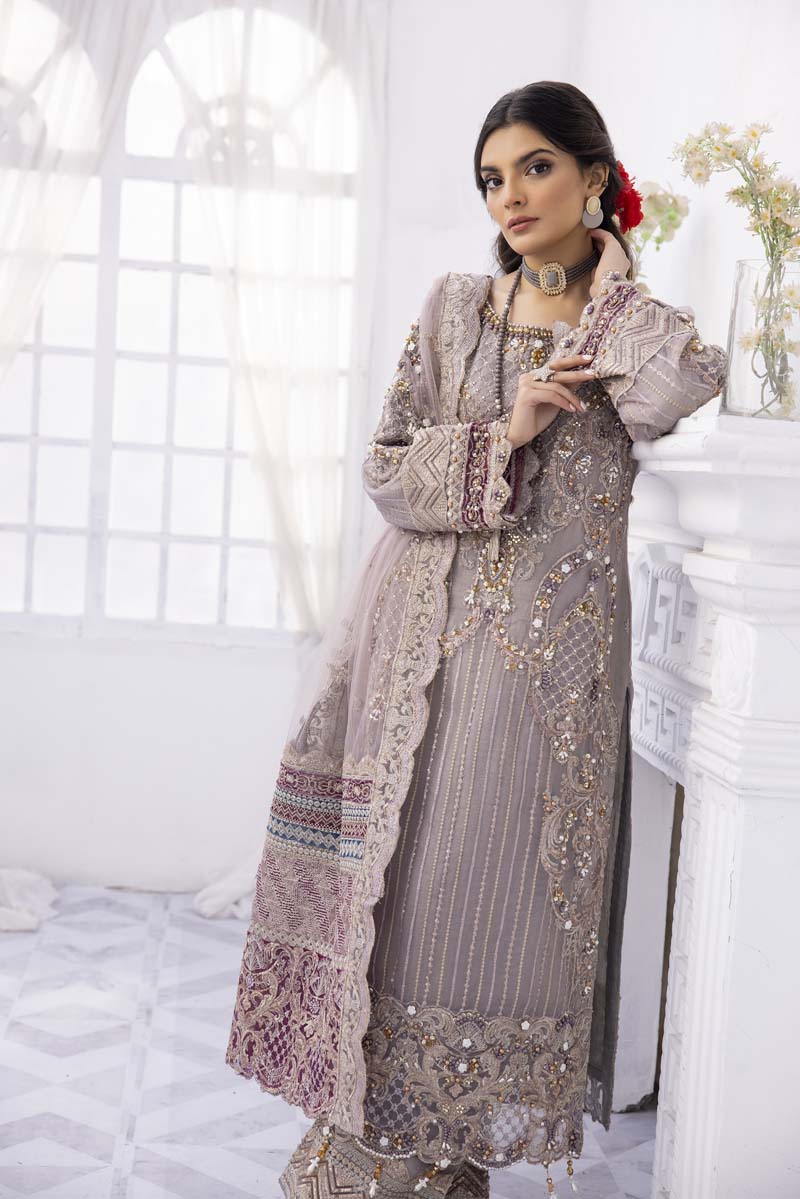 Imrozia Premium Inspired Embroidered 3 Piece Lilac Wedding Outfit - Desi Posh