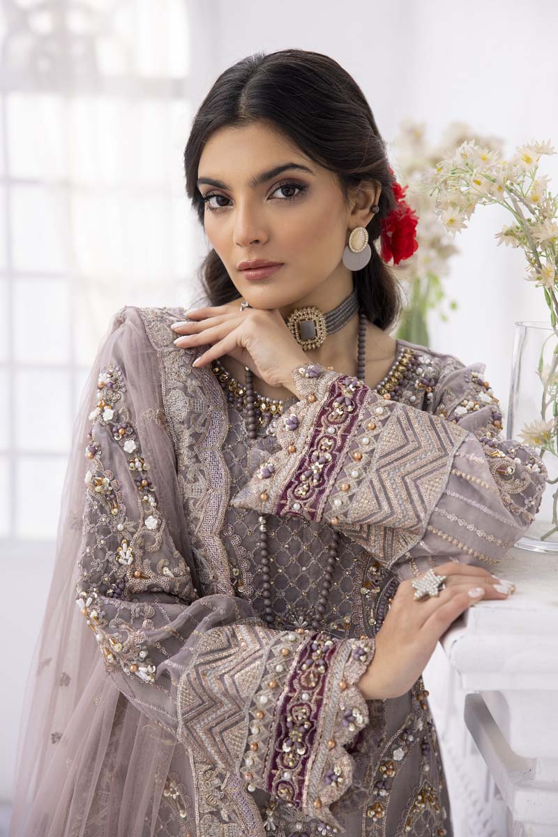 Imrozia Premium Inspired Embroidered 3 Piece Lilac Wedding Outfit - Desi Posh