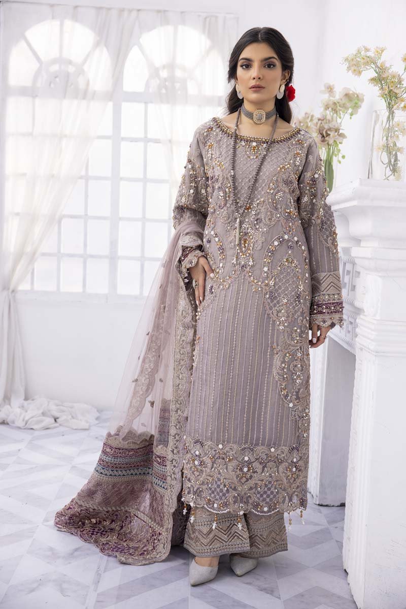Imrozia Premium Inspired Embroidered 3 Piece Lilac Wedding Outfit - Desi Posh